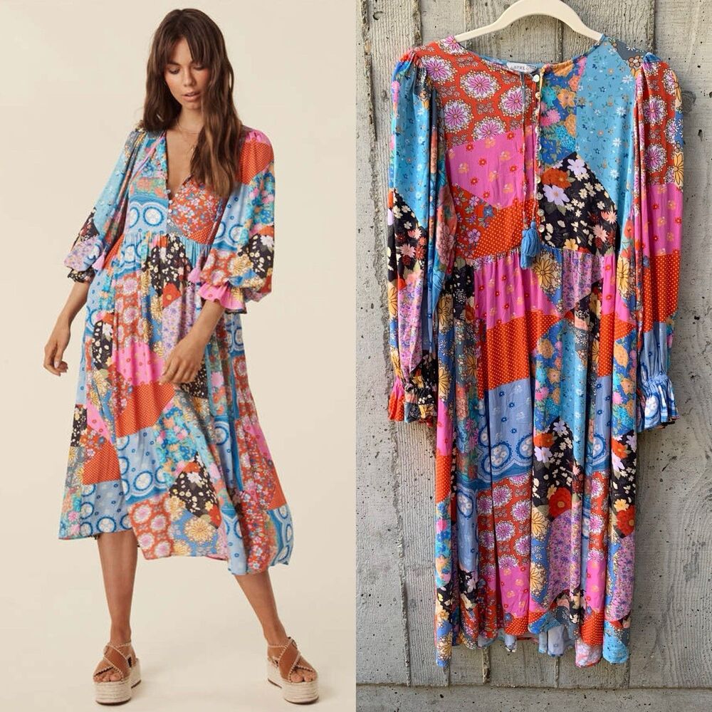 Spell Cha Cha Boho Midi Dress Women's Size Small Bohemian Patchwork 70s Hippie
